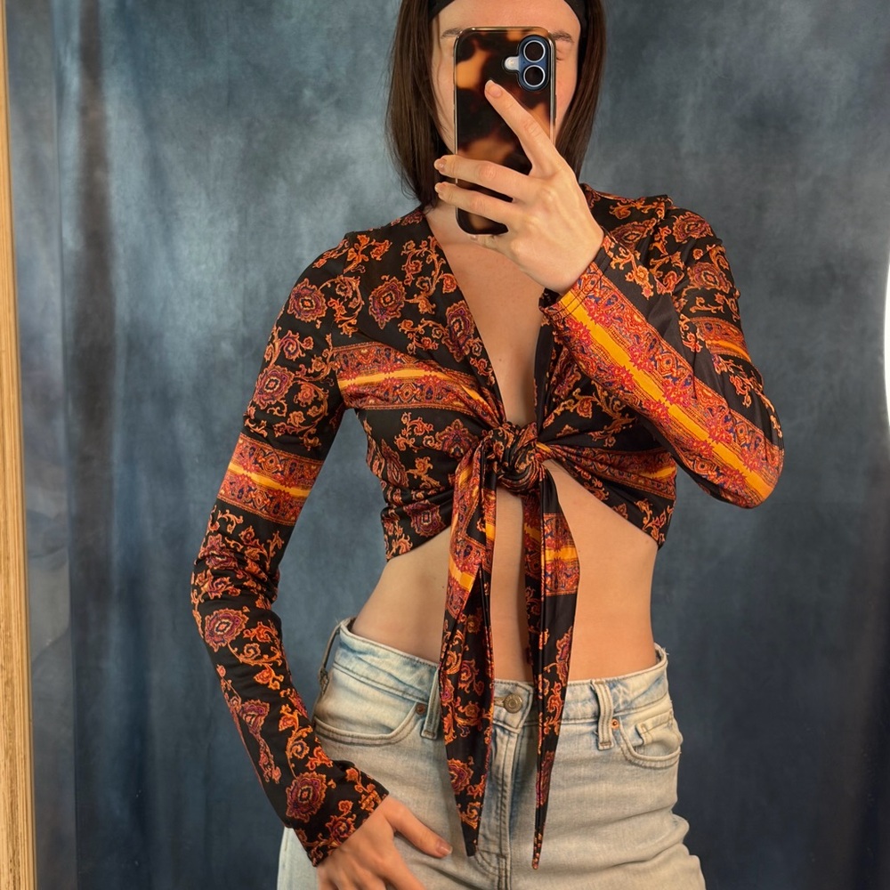 Floral Tie-Front Crop Top - Black and Orange